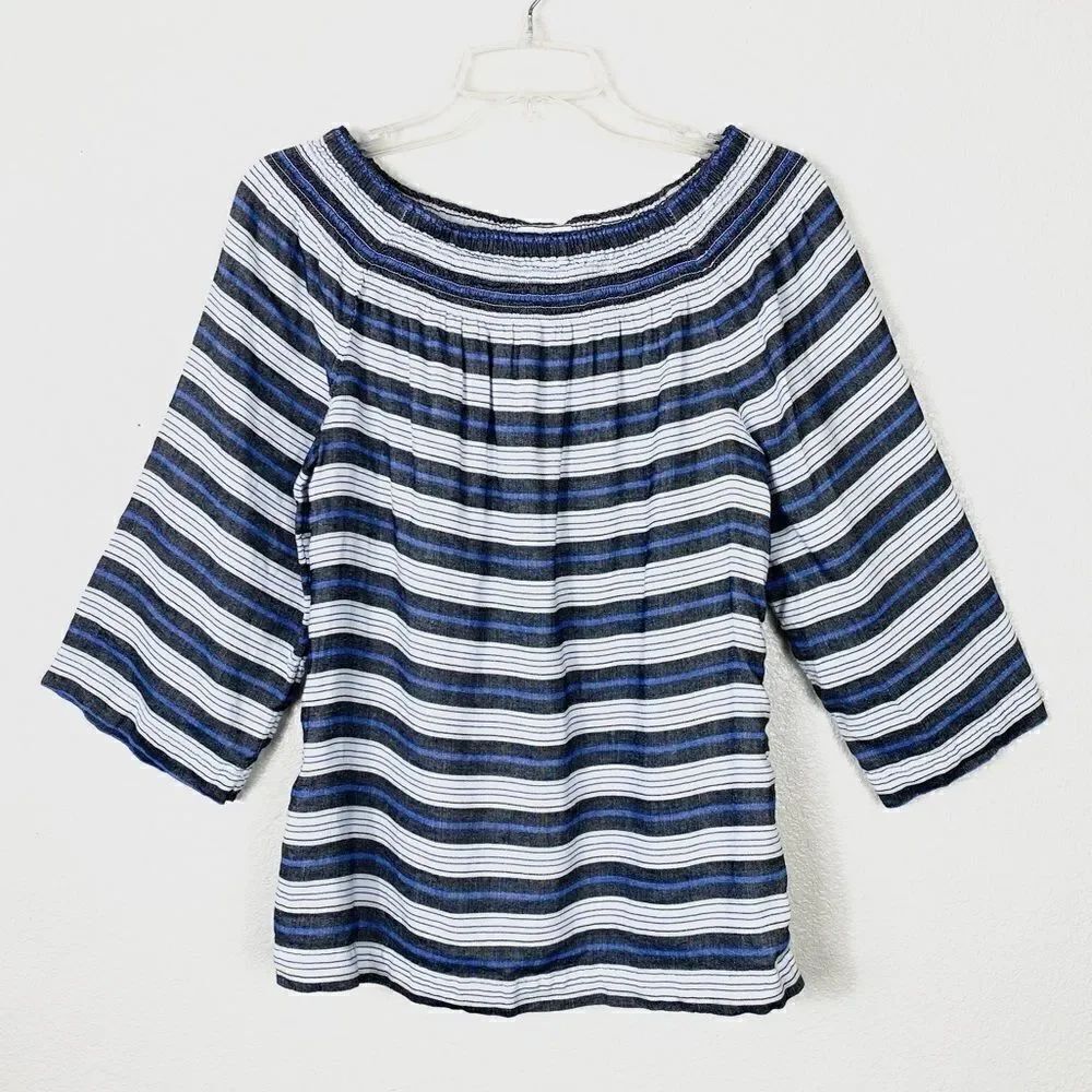J. Jill Black White & Blue Striped Off the Shoulder Blouse
